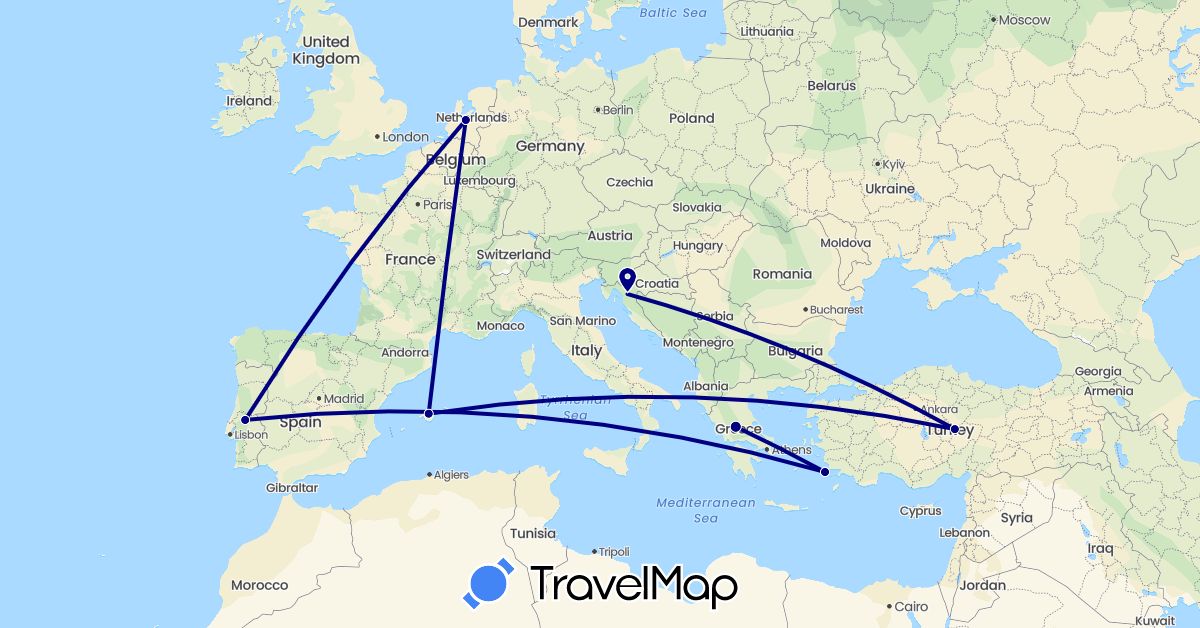 TravelMap itinerary: driving in Spain, Greece, Croatia, Netherlands, Portugal, Turkey (Asia, Europe)